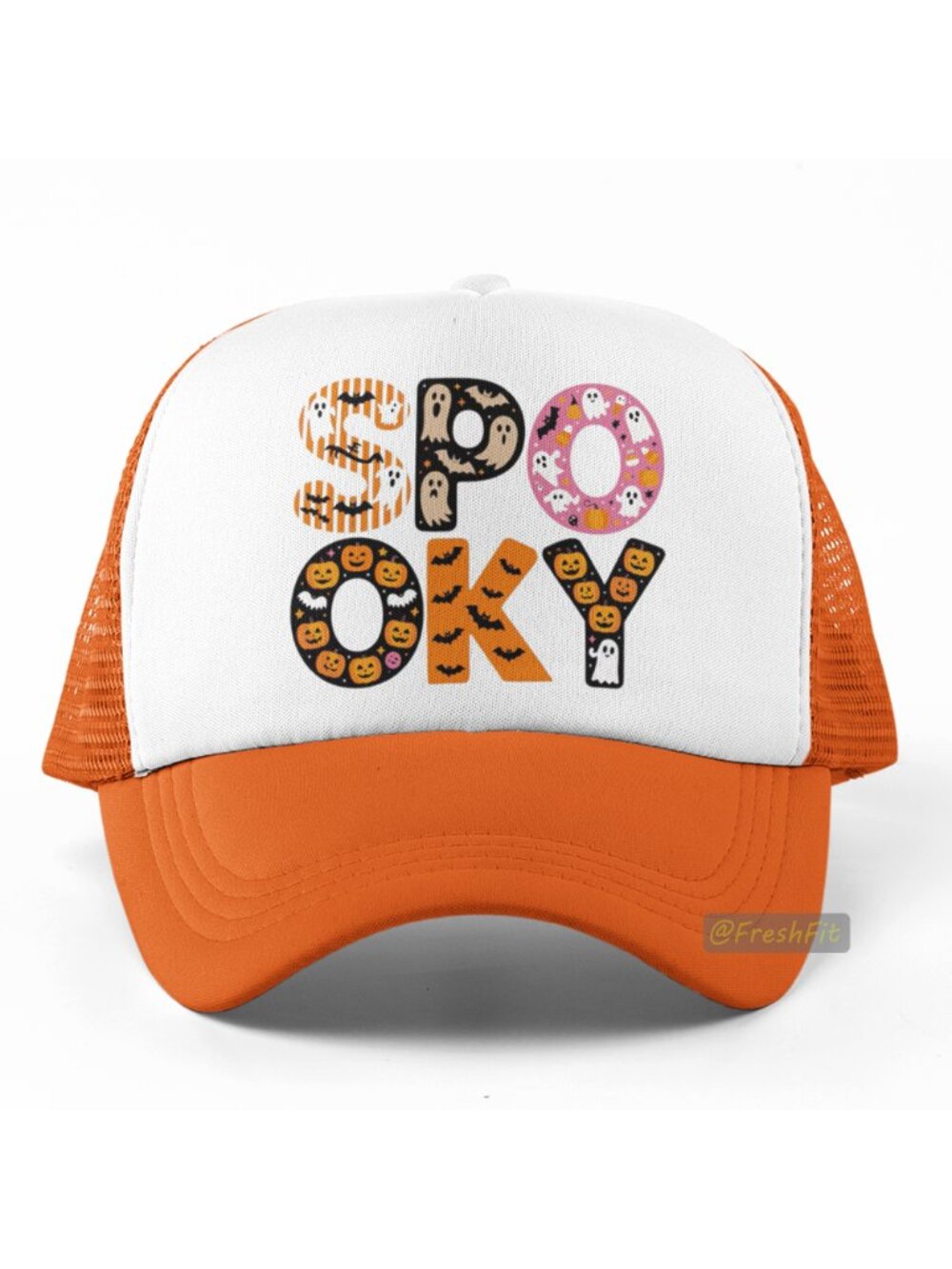 🆕Spooky Foam Trucker Hat Mesh Snapback Cap Orange/White